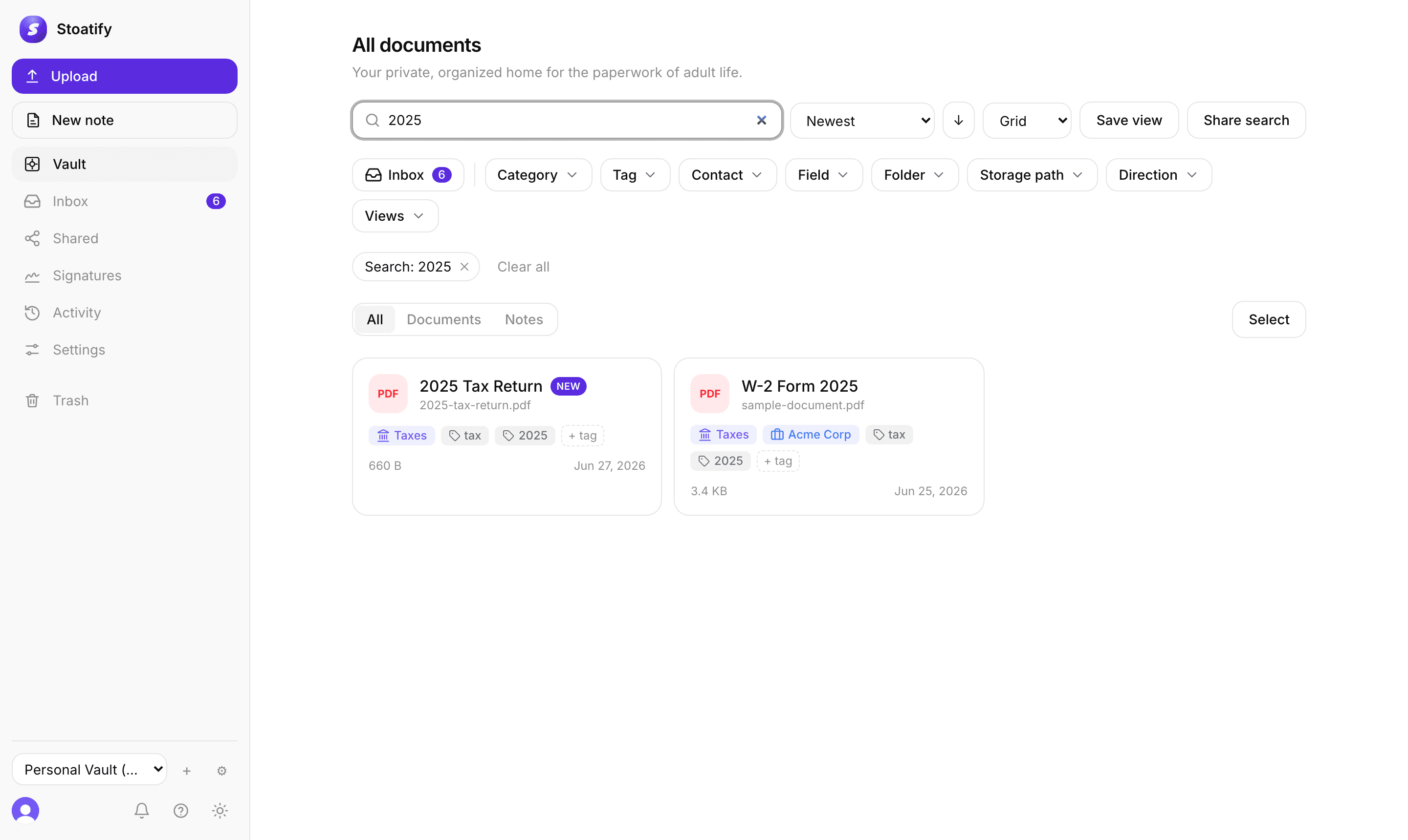 Full-text document search results in a Stoatify Vault