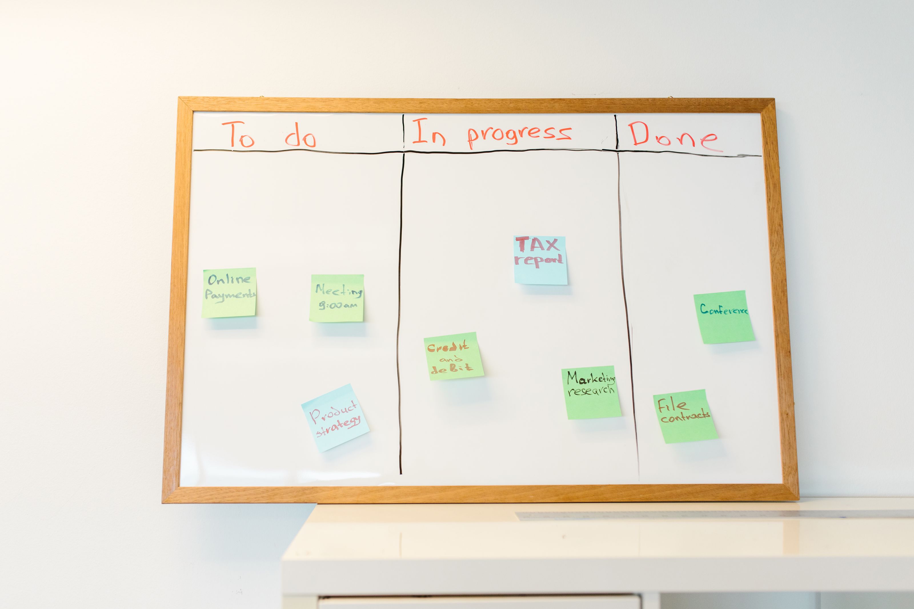 A whiteboard split into To do, In progress, and Done columns with colored sticky notes for project tasks.
