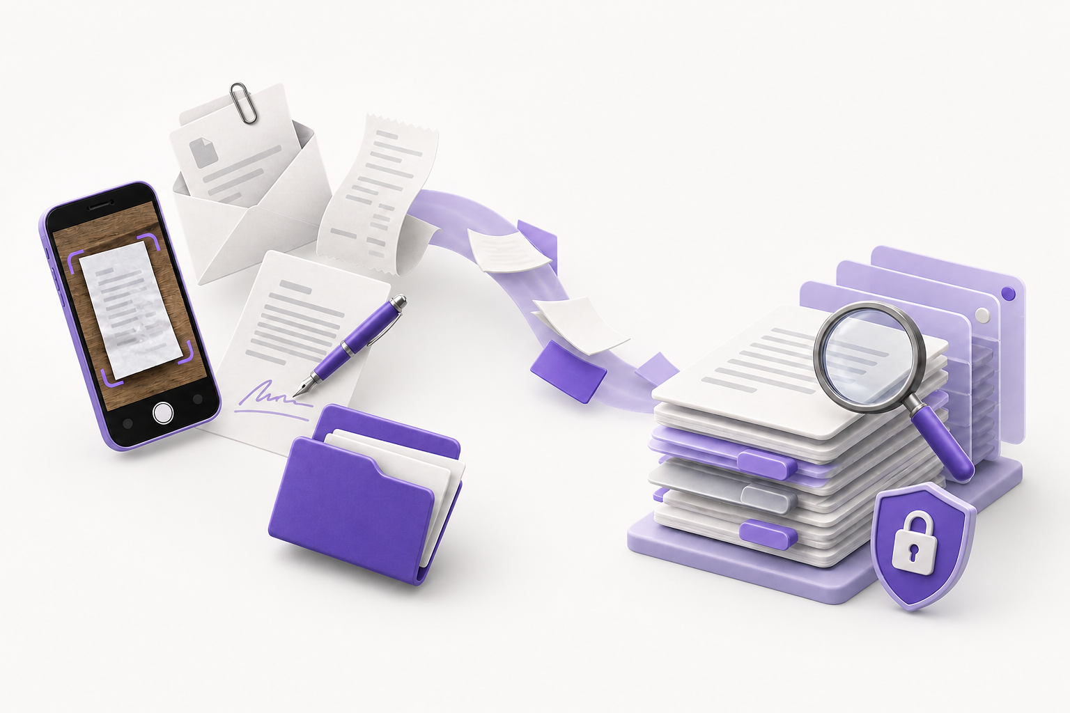 A phone scan, email attachment, receipt, signed document, and folder becoming an organized searchable document collection.