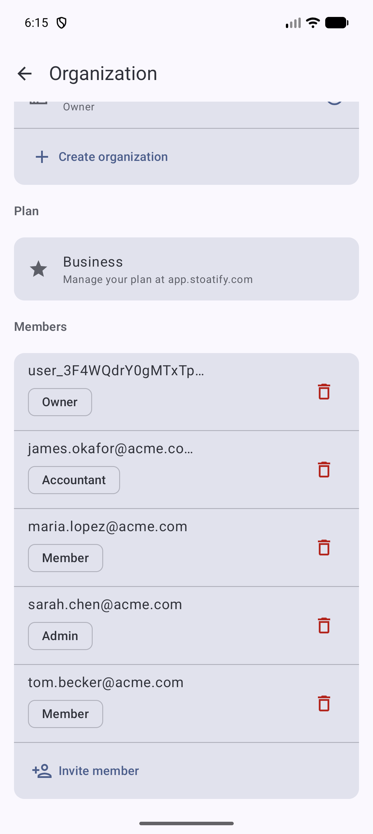 Stoatify Android, organization members and roles