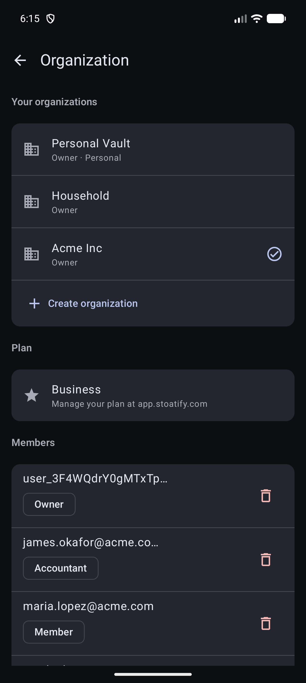 Stoatify Android, organization members and roles