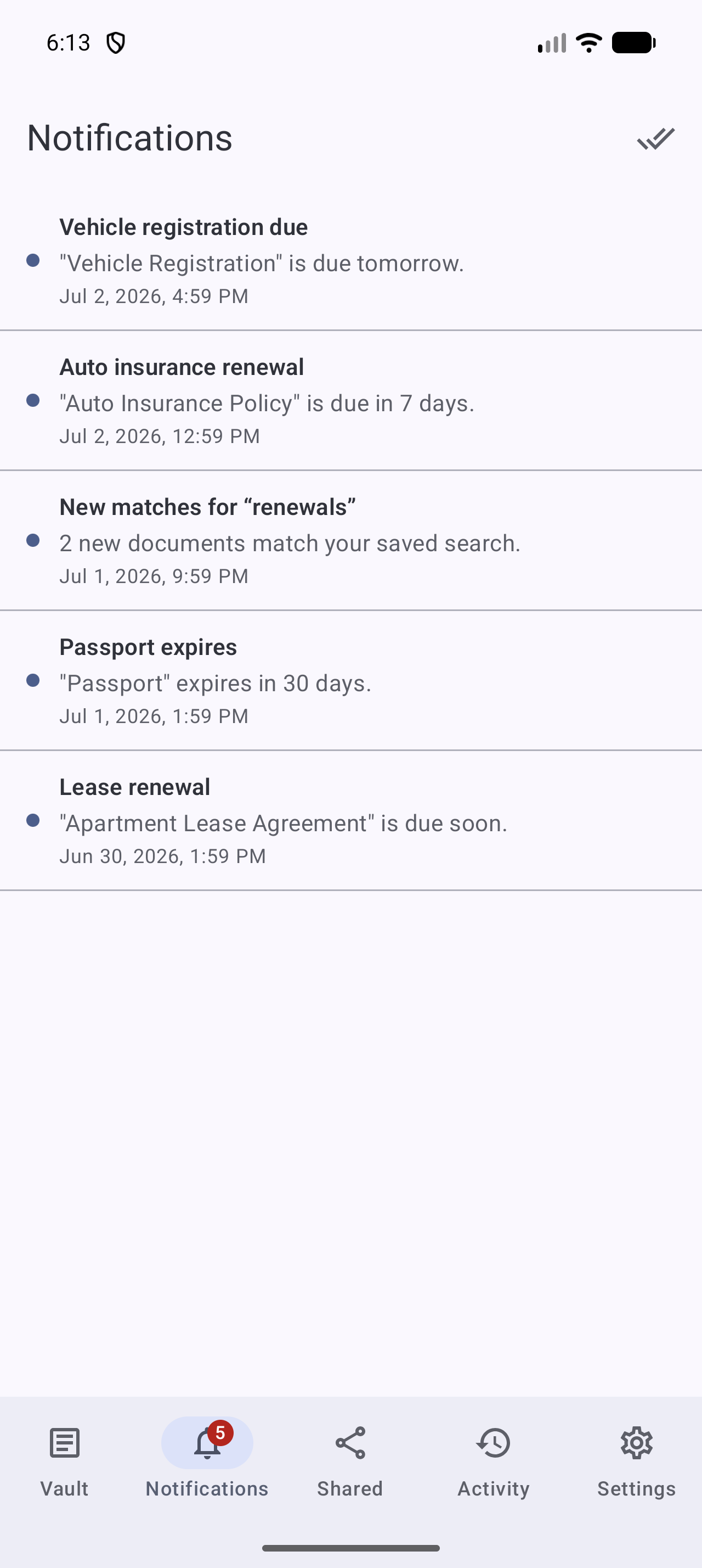 The notification inbox on Stoatify for Android