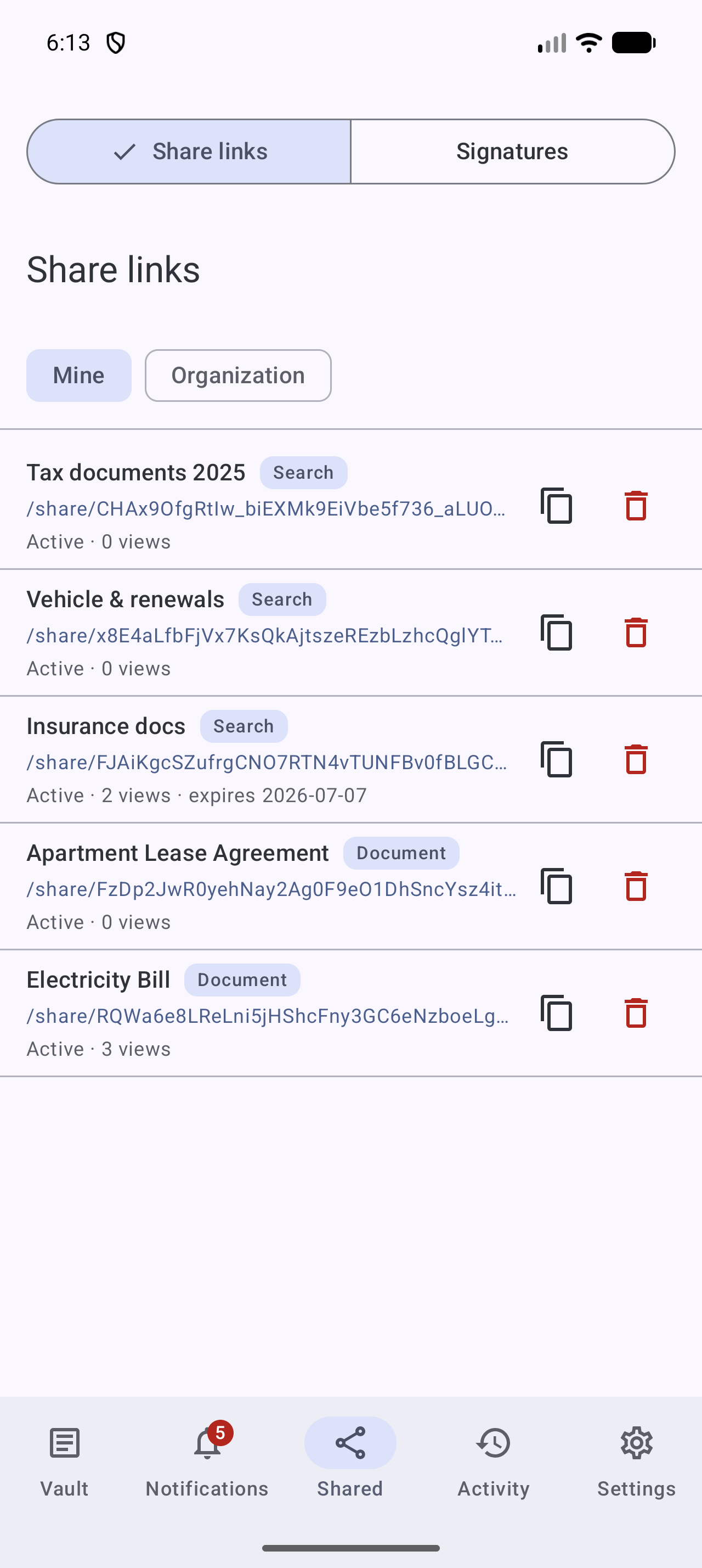 Managing share links on Stoatify for Android