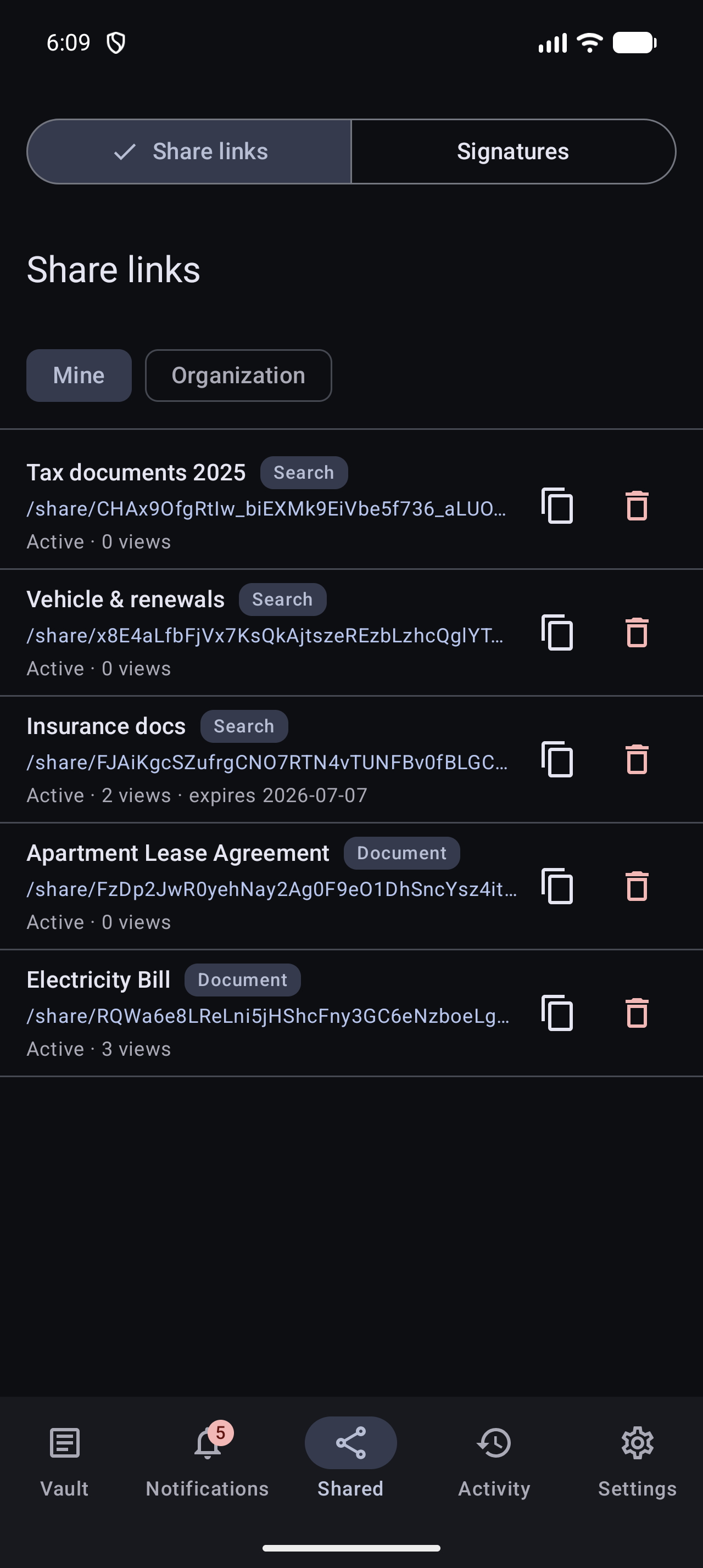 Managing share links on Stoatify for Android