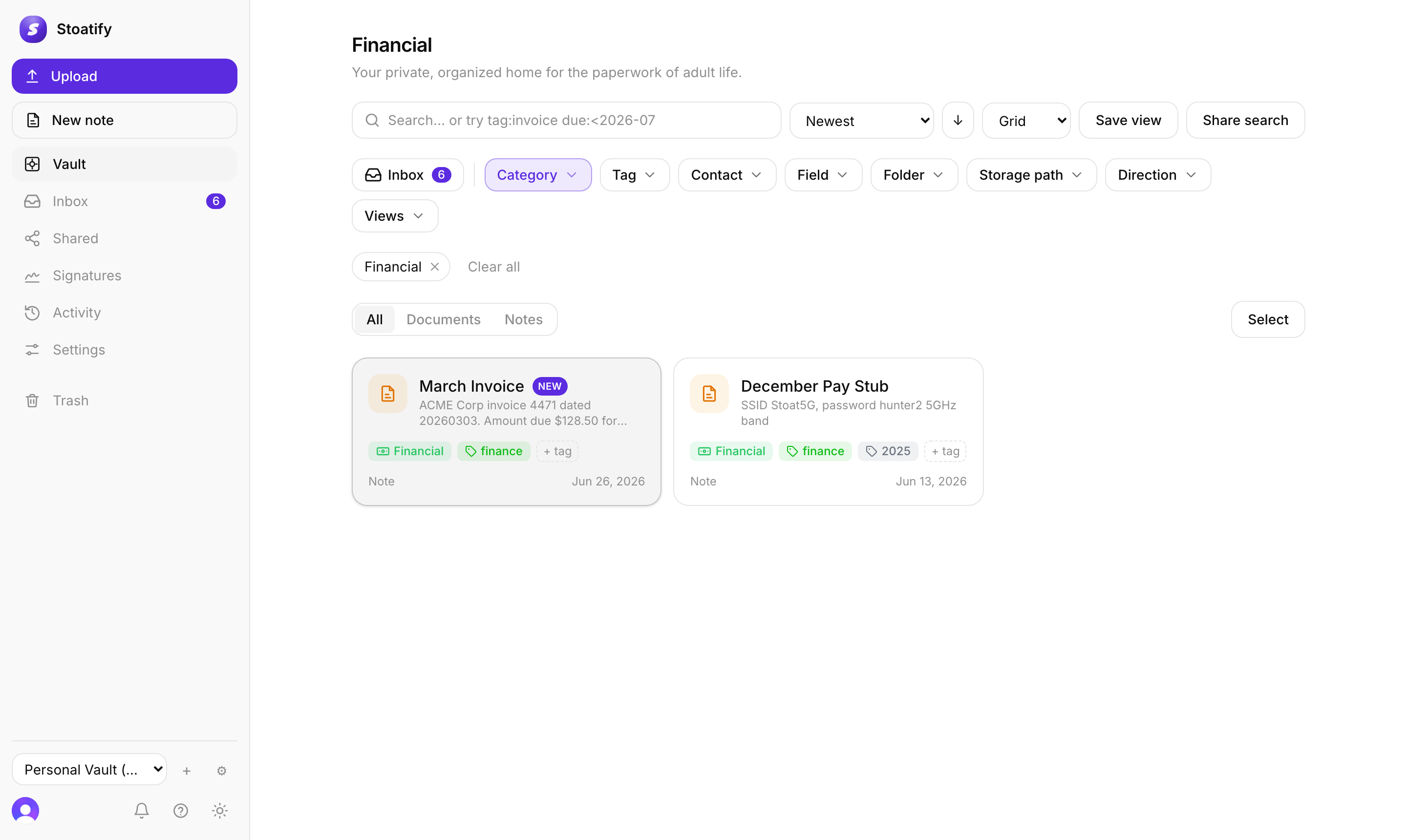 Stoatify student vault organized into categories