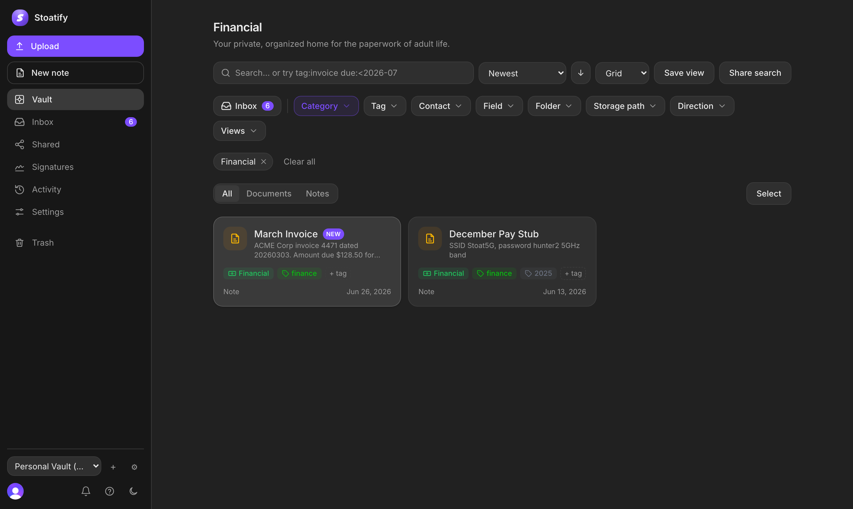 Stoatify student vault organized into categories