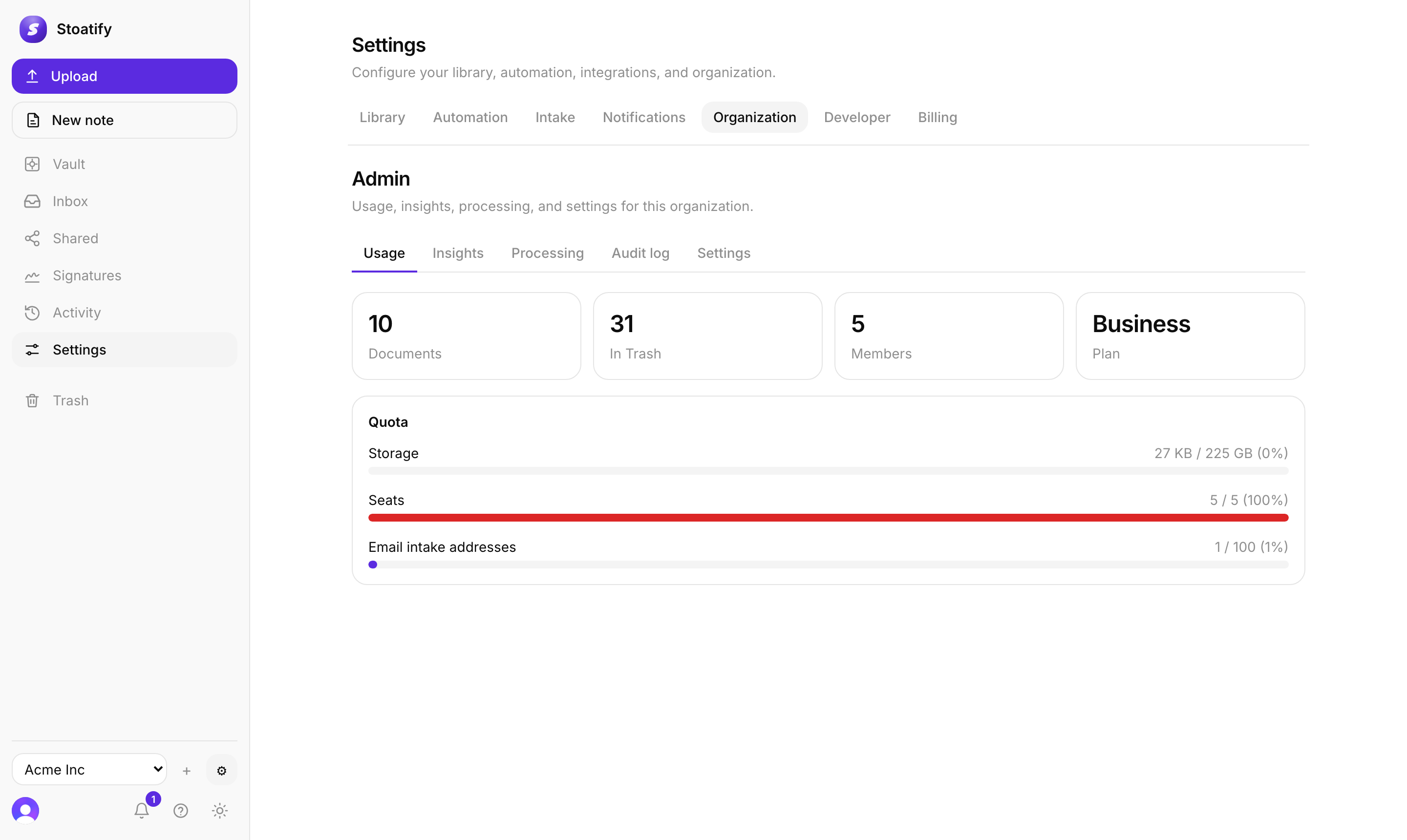 Organization usage and insights dashboard in the Stoatify web app