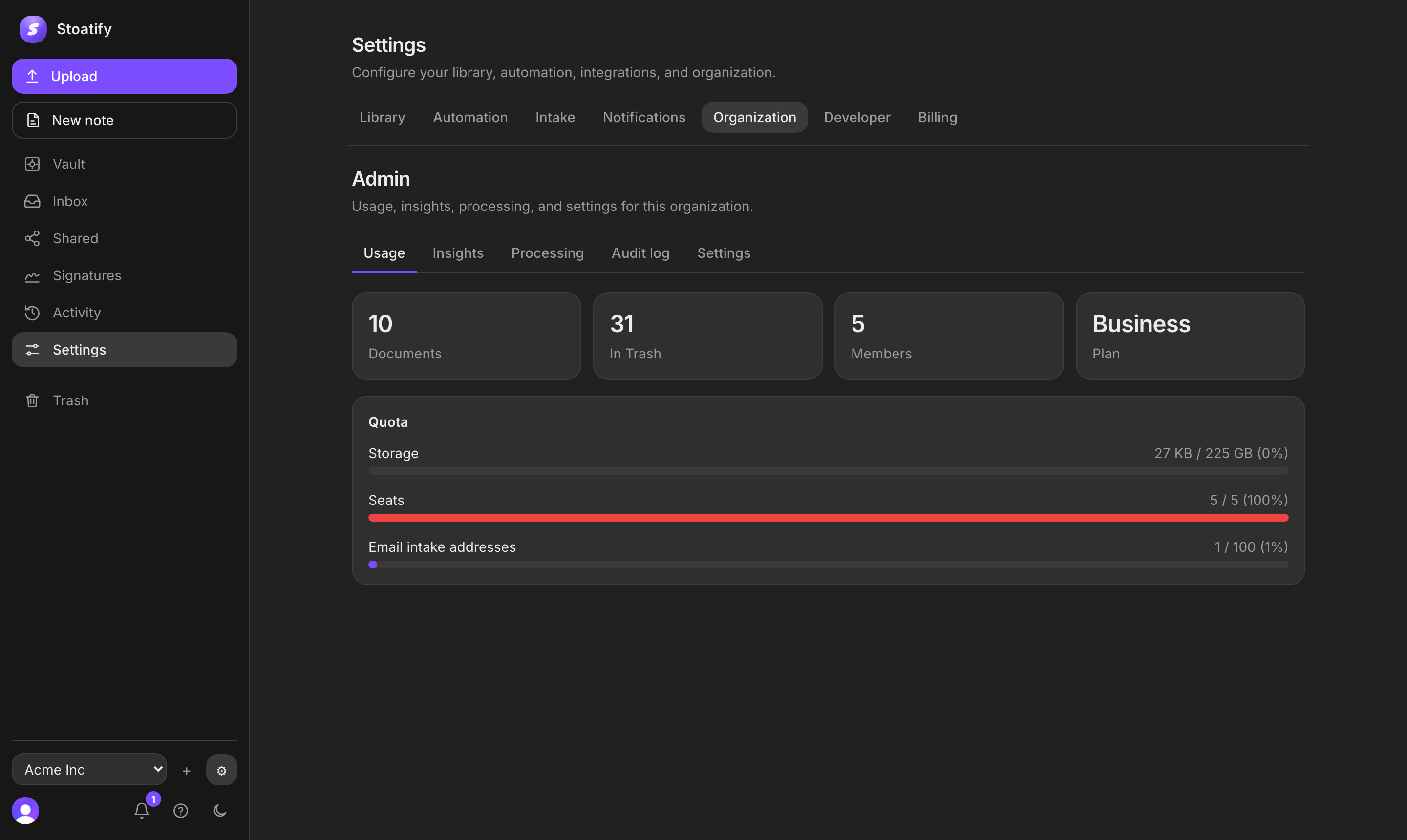 Organization usage and insights dashboard in the Stoatify web app