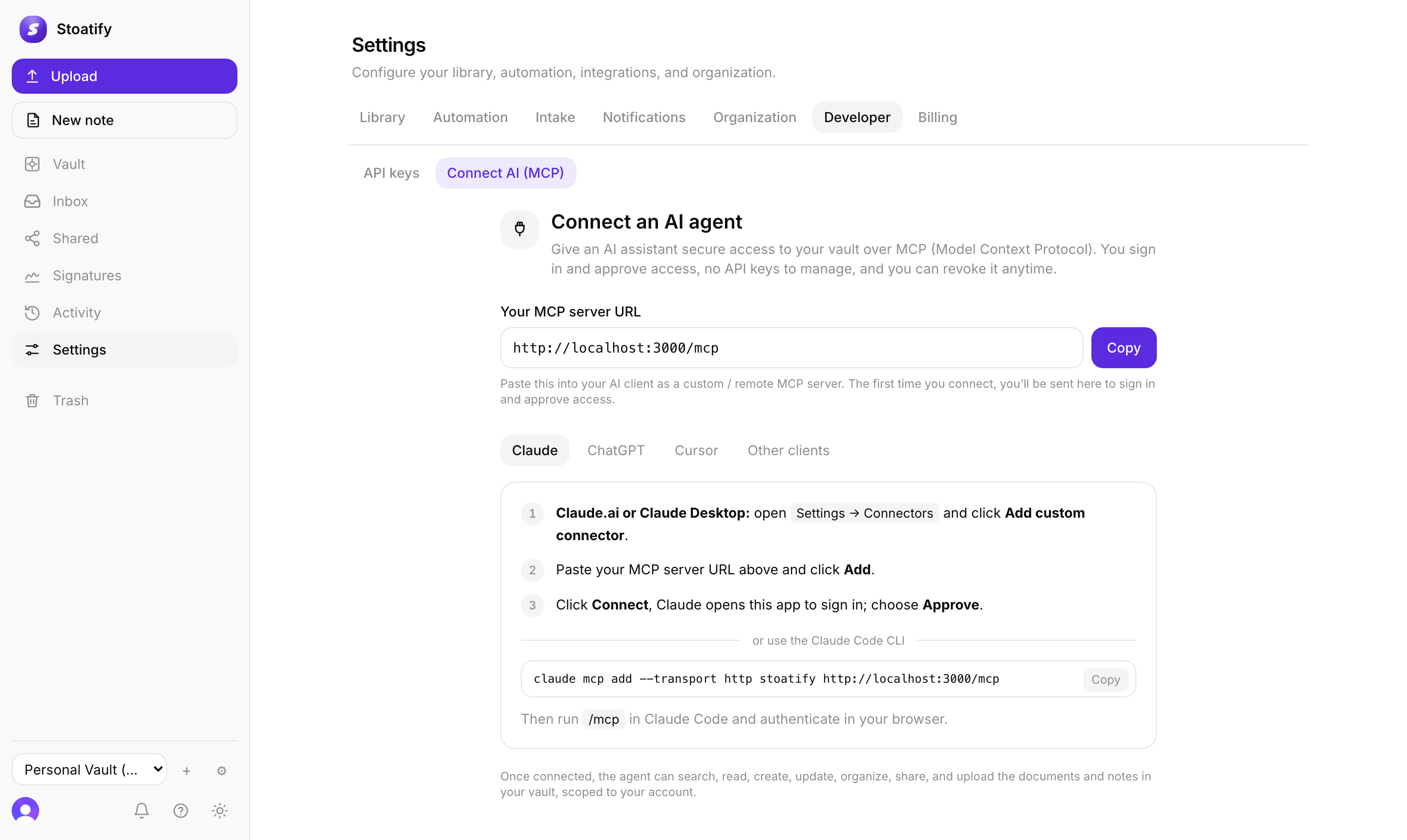 Connect an AI assistant with scoped, revocable access over MCP