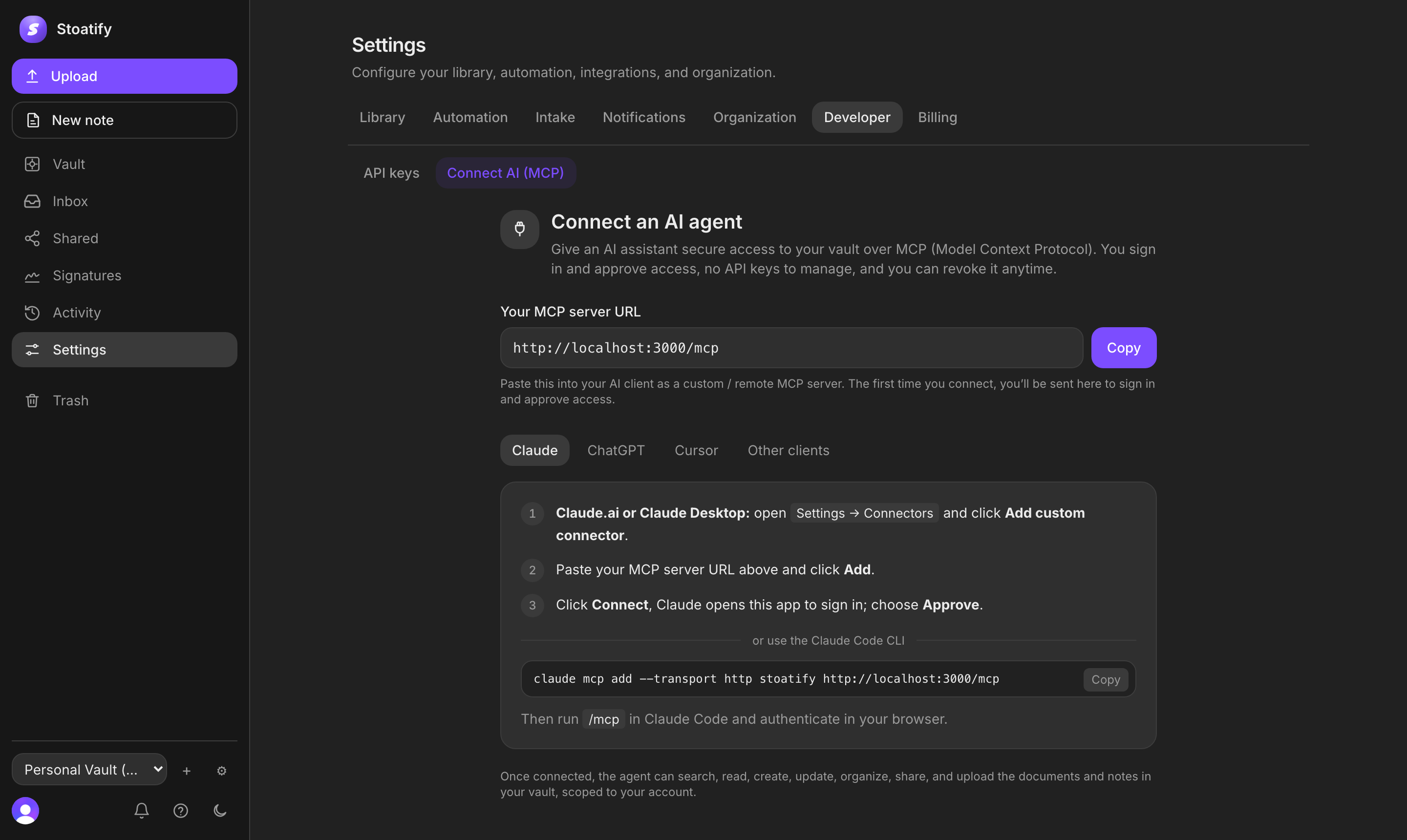 Connect an AI assistant with scoped, revocable access over MCP