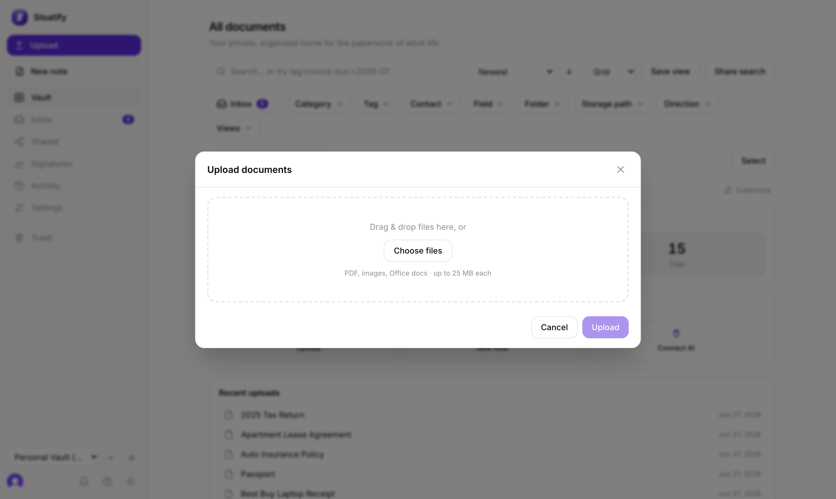 Upload documents dialog with drag-and-drop