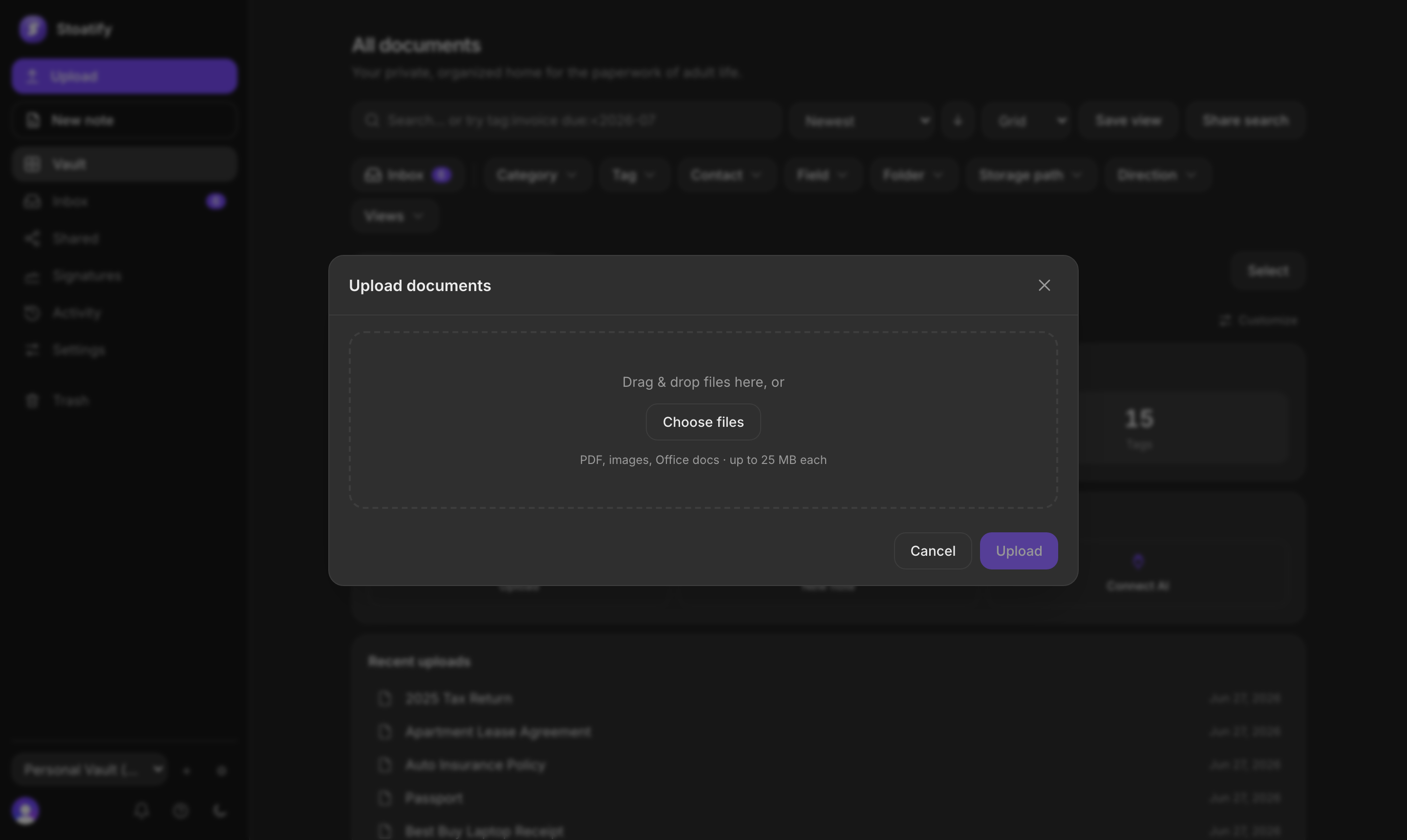 Upload documents dialog with drag-and-drop