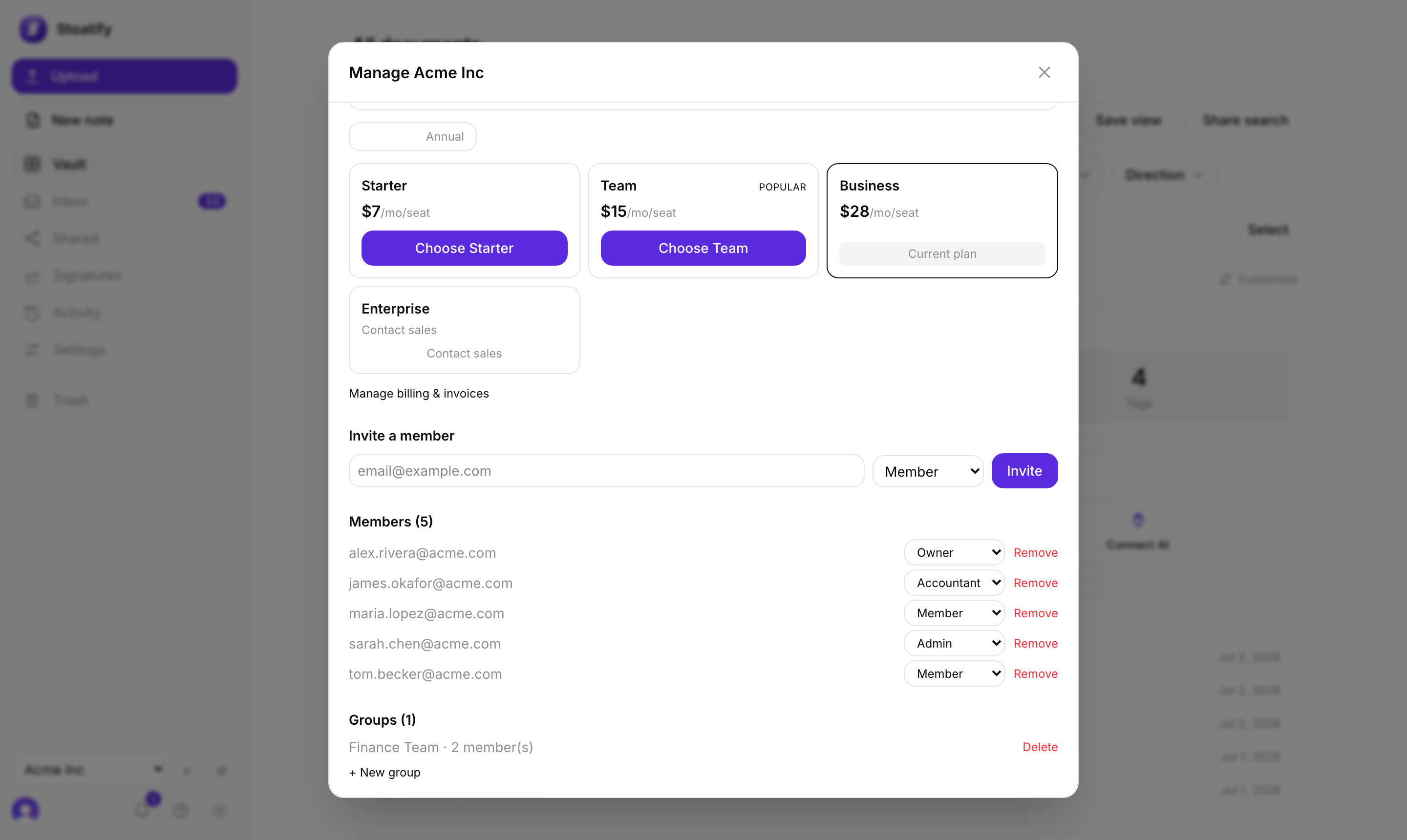 Access control: members, roles, groups and per-document permissions