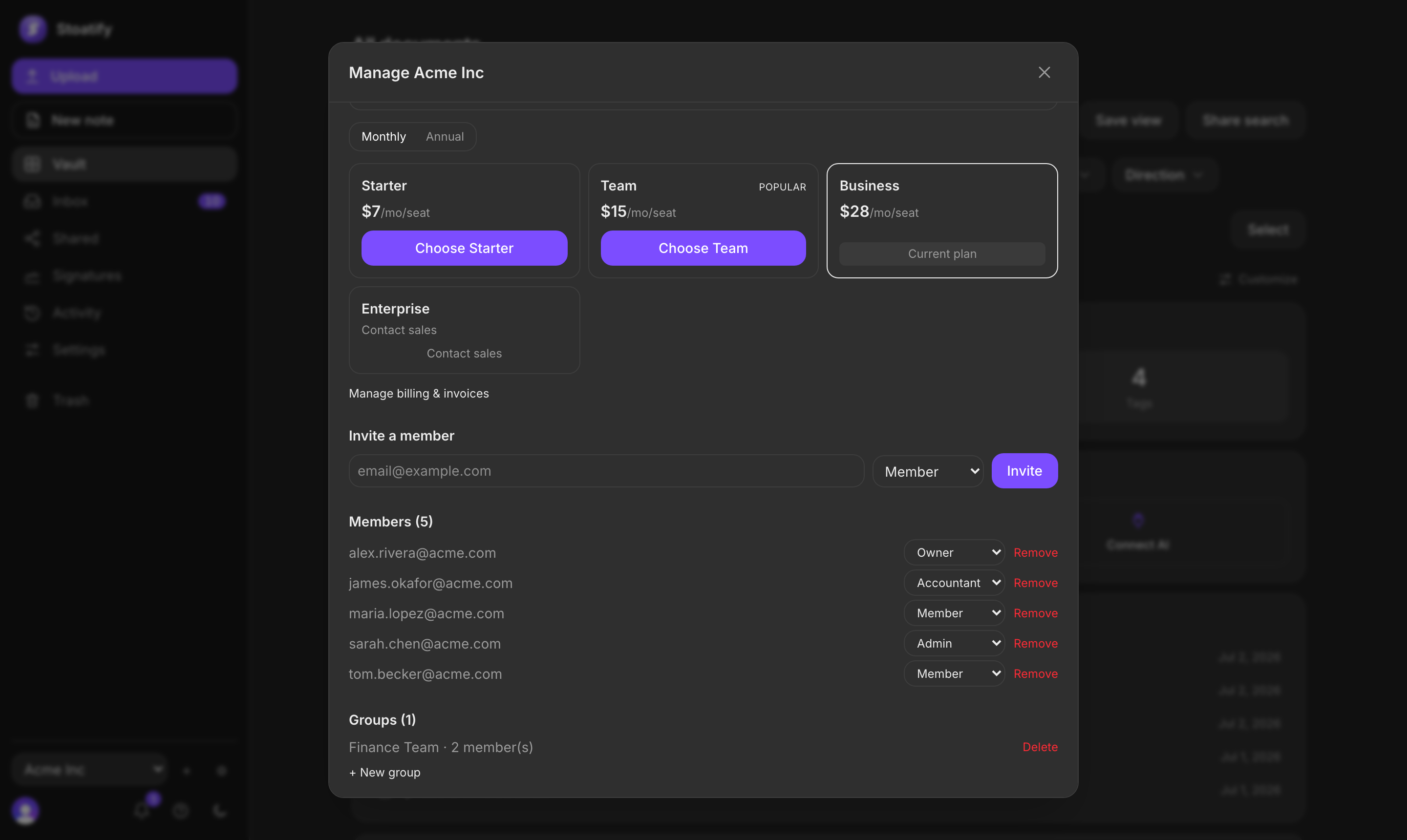 Access control: members, roles, groups and per-document permissions