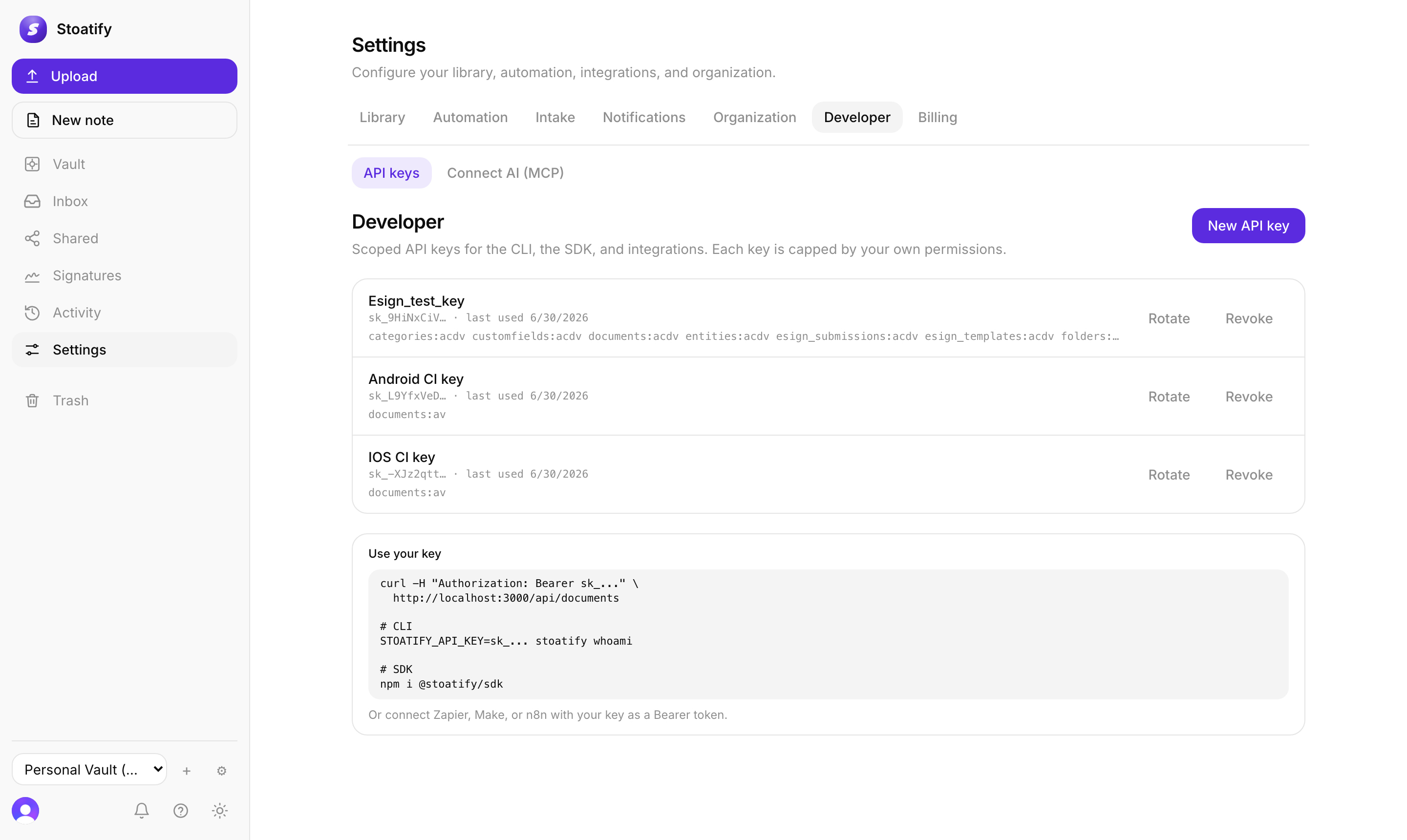 Creating a scoped API key with a per-resource permission grid in the Stoatify web app