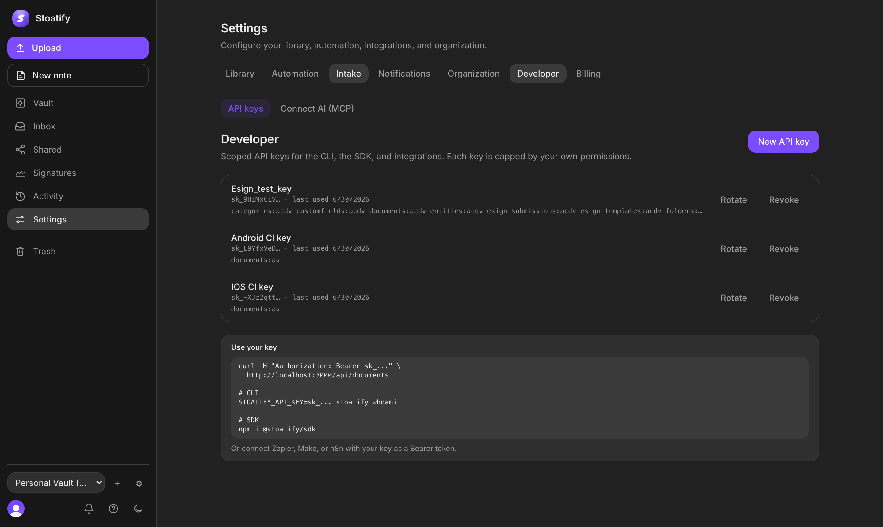 Creating a scoped API key with a per-resource permission grid in the Stoatify web app