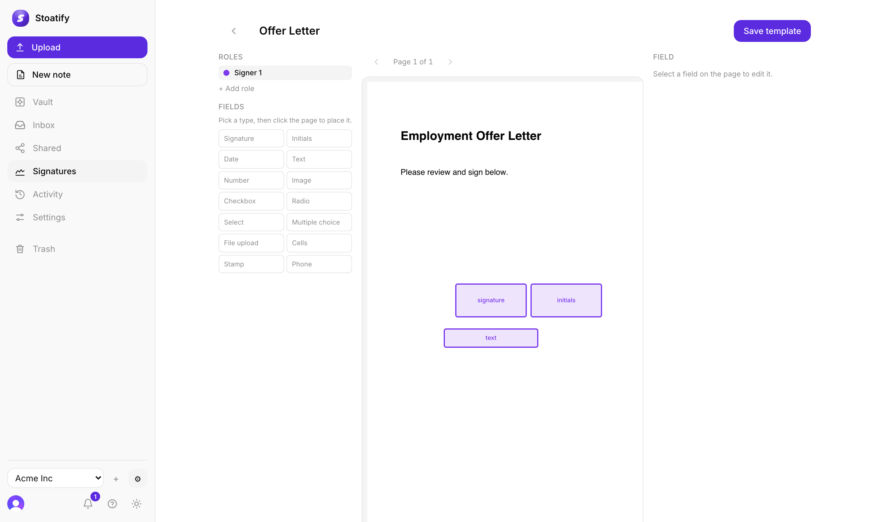 E-signature template builder with signable fields on a PDF in the Stoatify web app