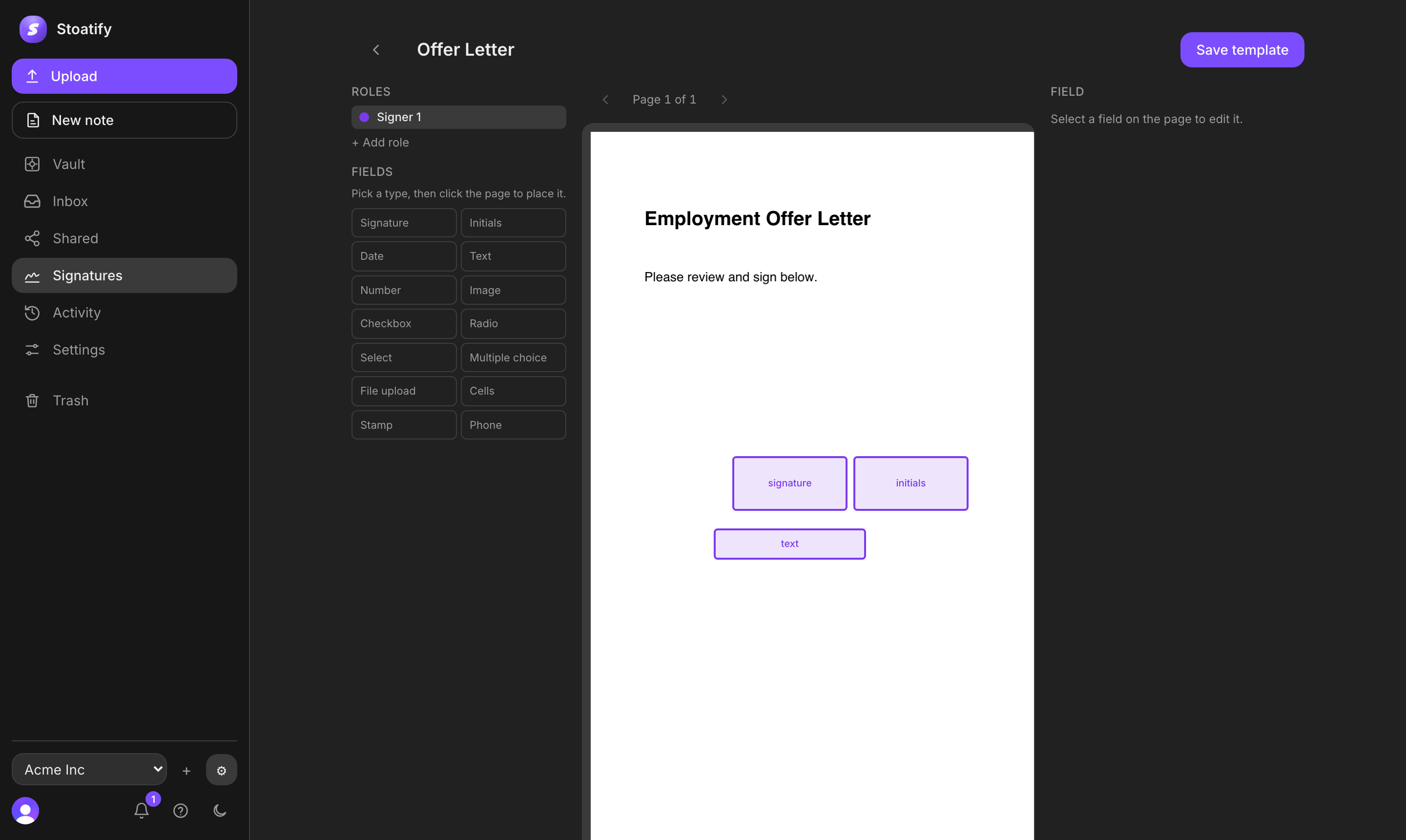 E-signature template builder with signable fields on a PDF in the Stoatify web app