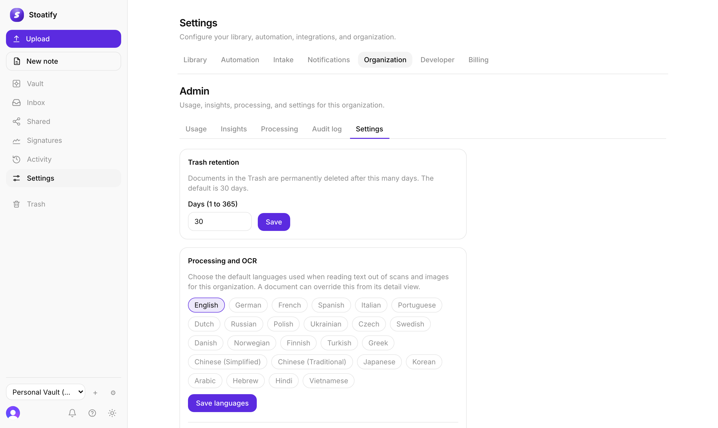 Recognition languages and PDF/A archival settings in the Stoatify web app