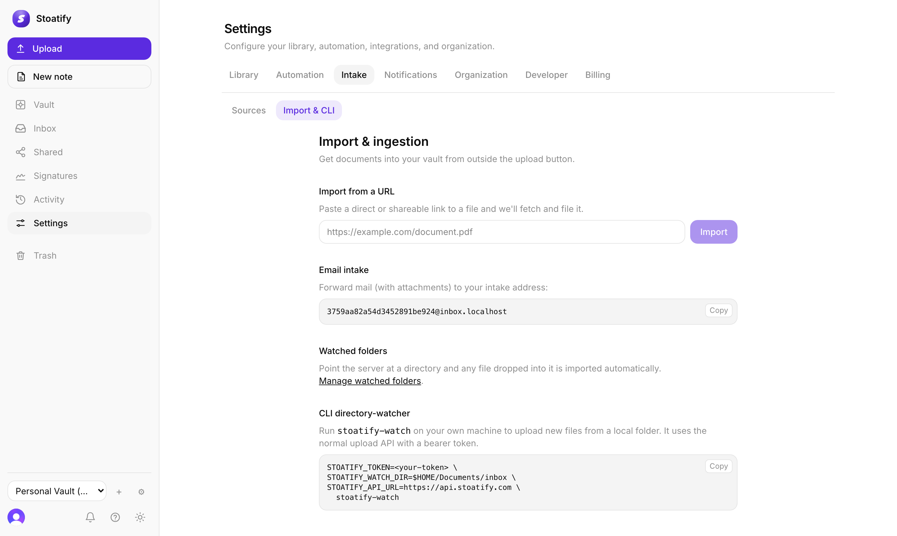 Import & ingestion settings, email, watched folders, CLI