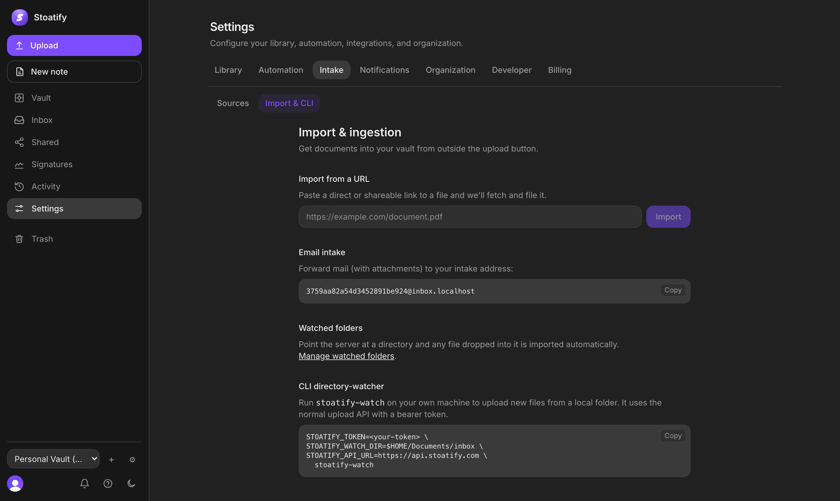 Import & ingestion settings, email, watched folders, CLI