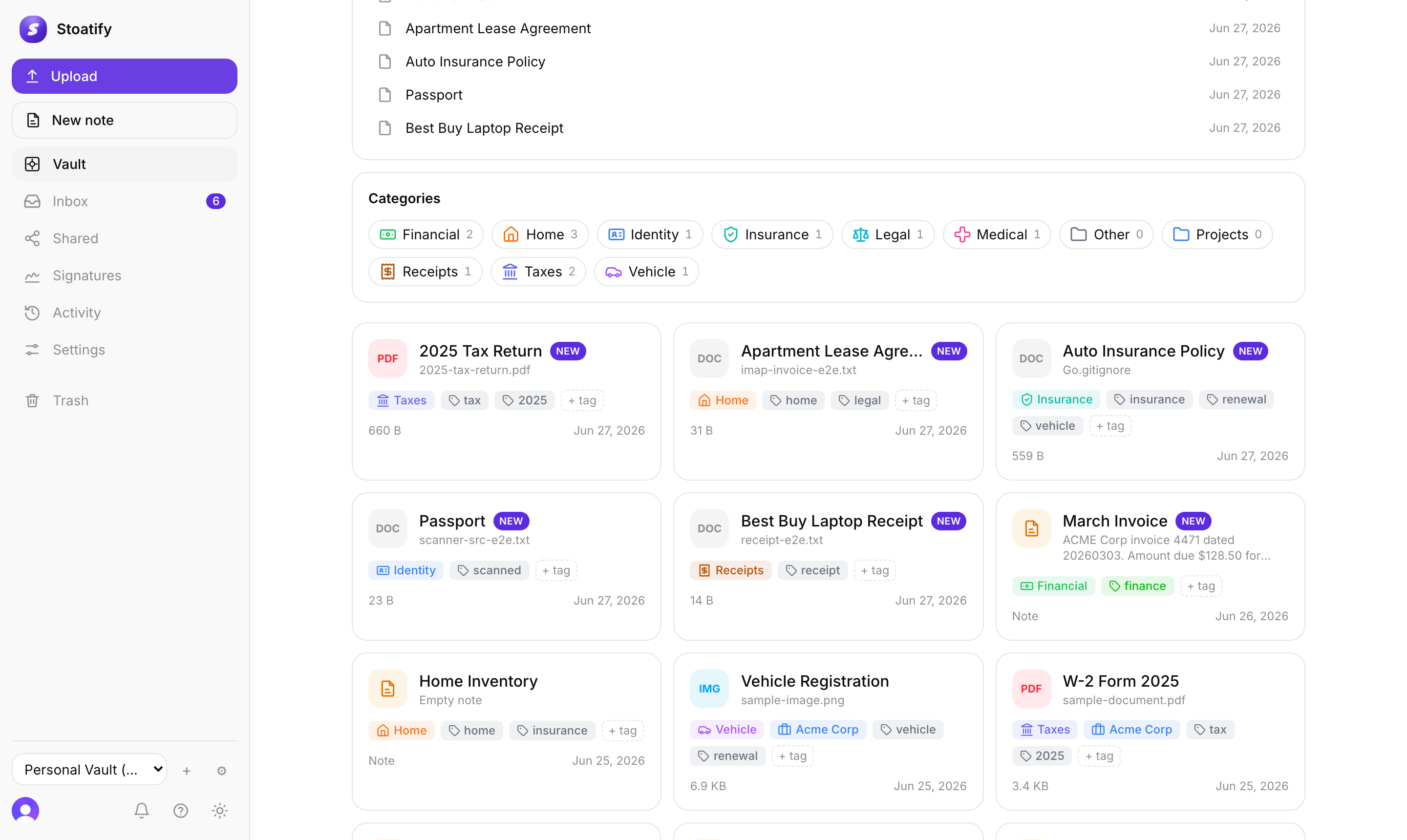 Document grid grouped by category with tags