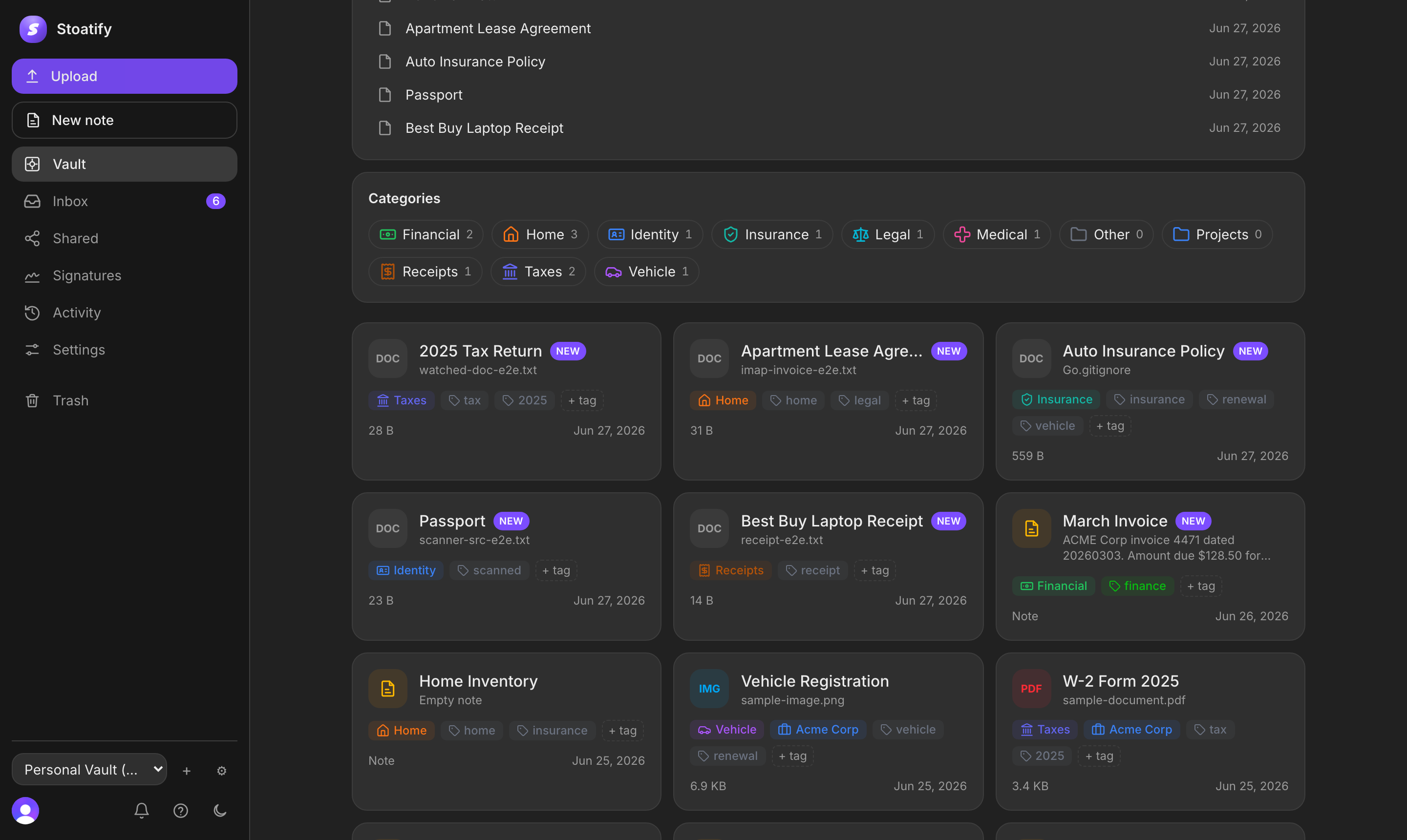 Document grid grouped by category with tags