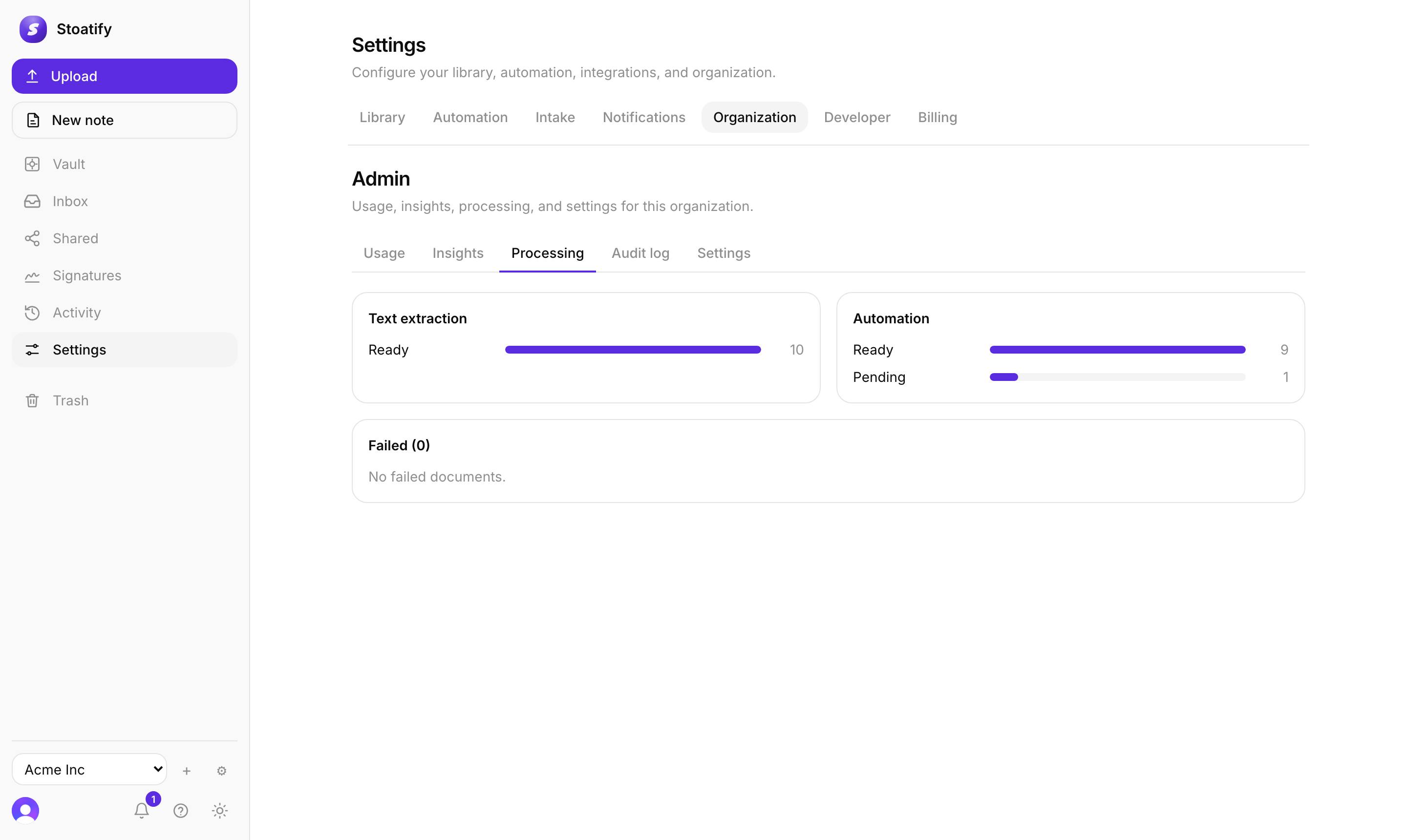 Processing queue and audit log in the Stoatify web app