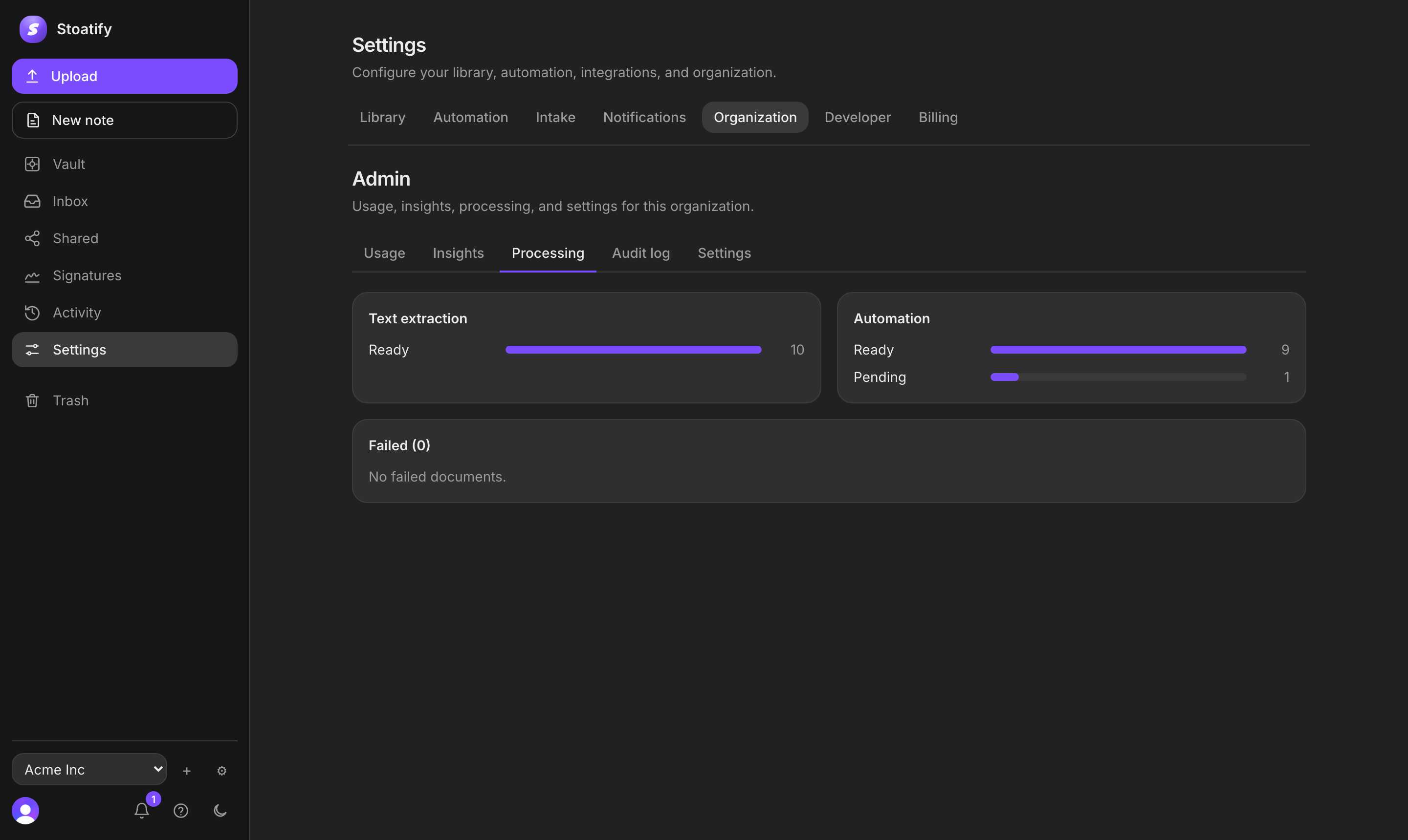 Processing queue and audit log in the Stoatify web app