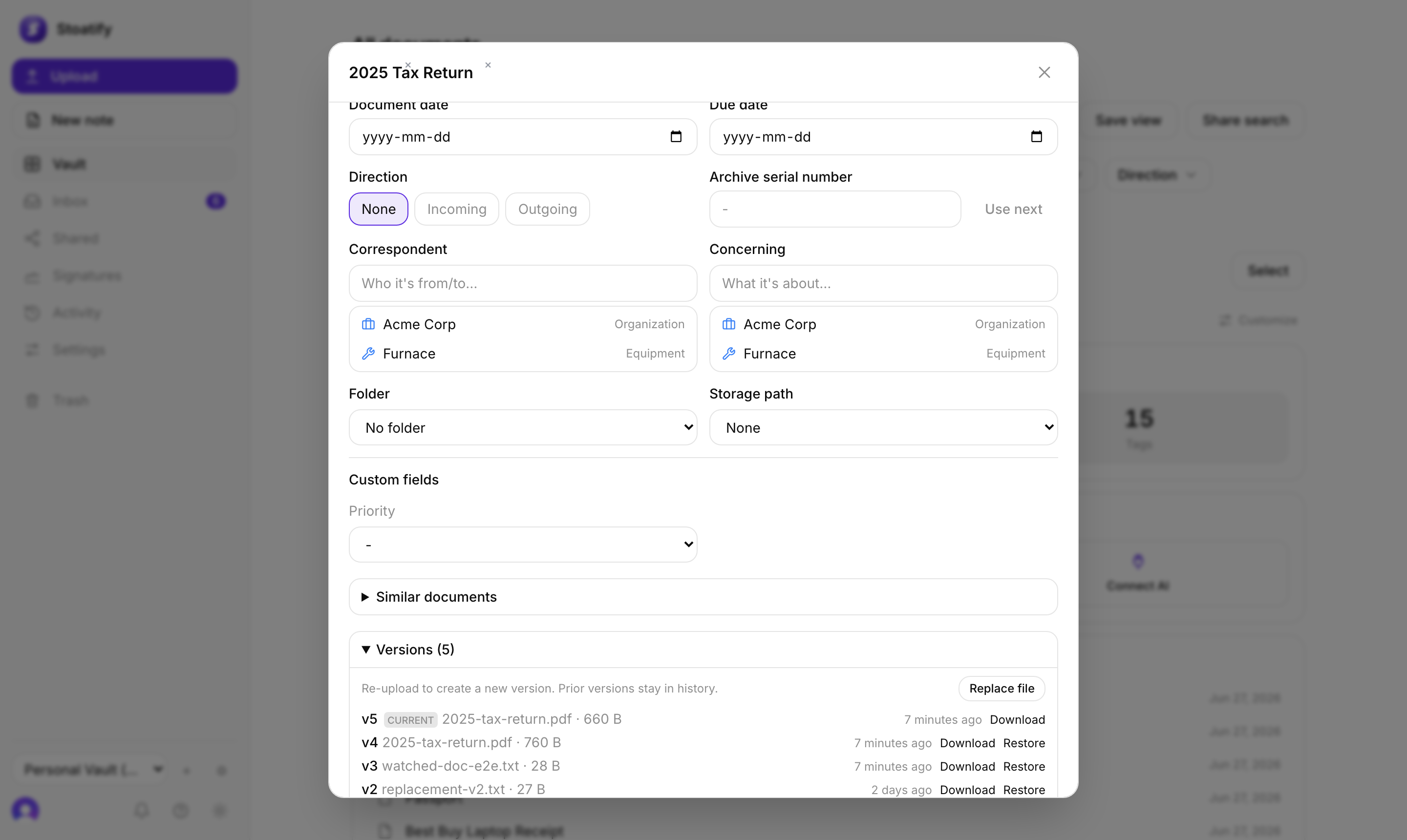 Document version history with restore and per-version download in the Stoatify web app
