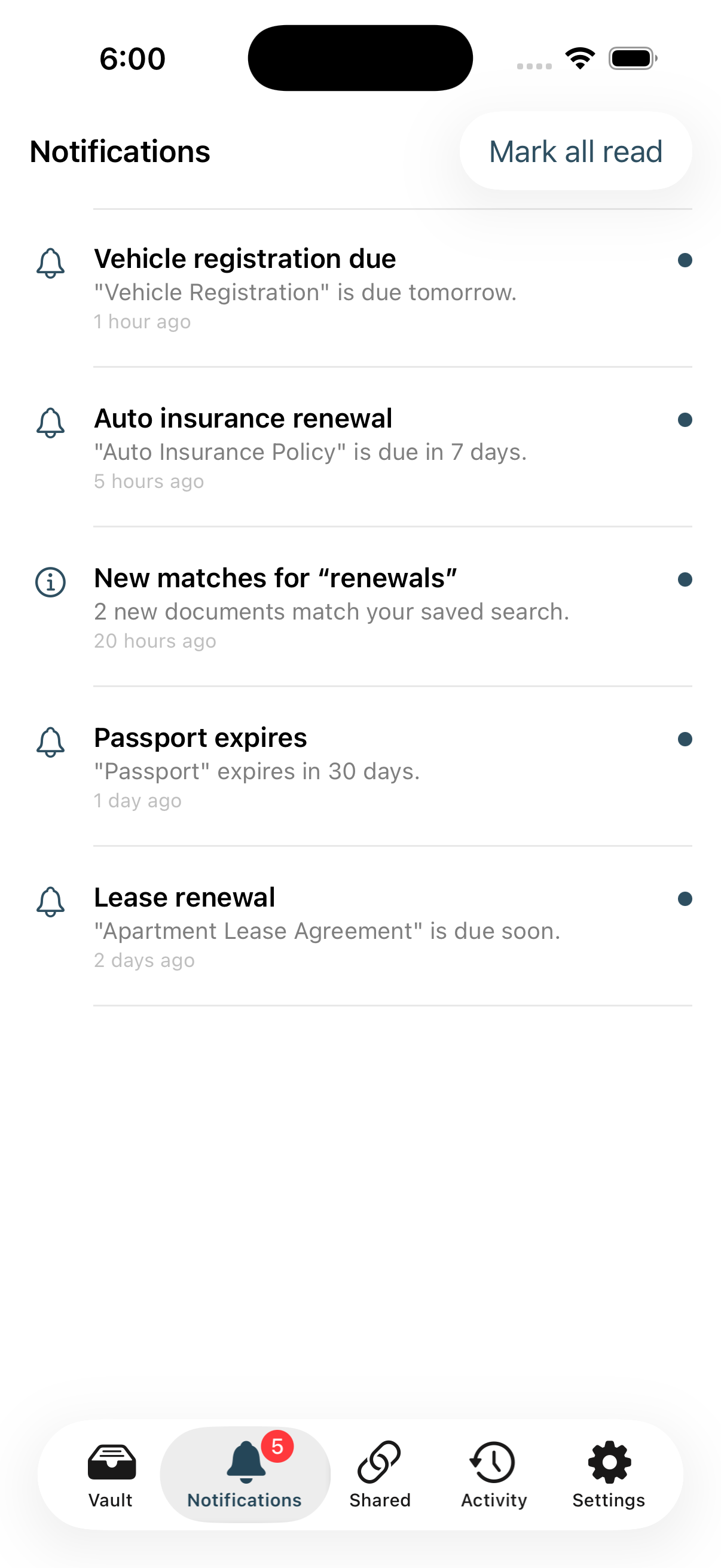 The notification inbox on Stoatify for iPhone