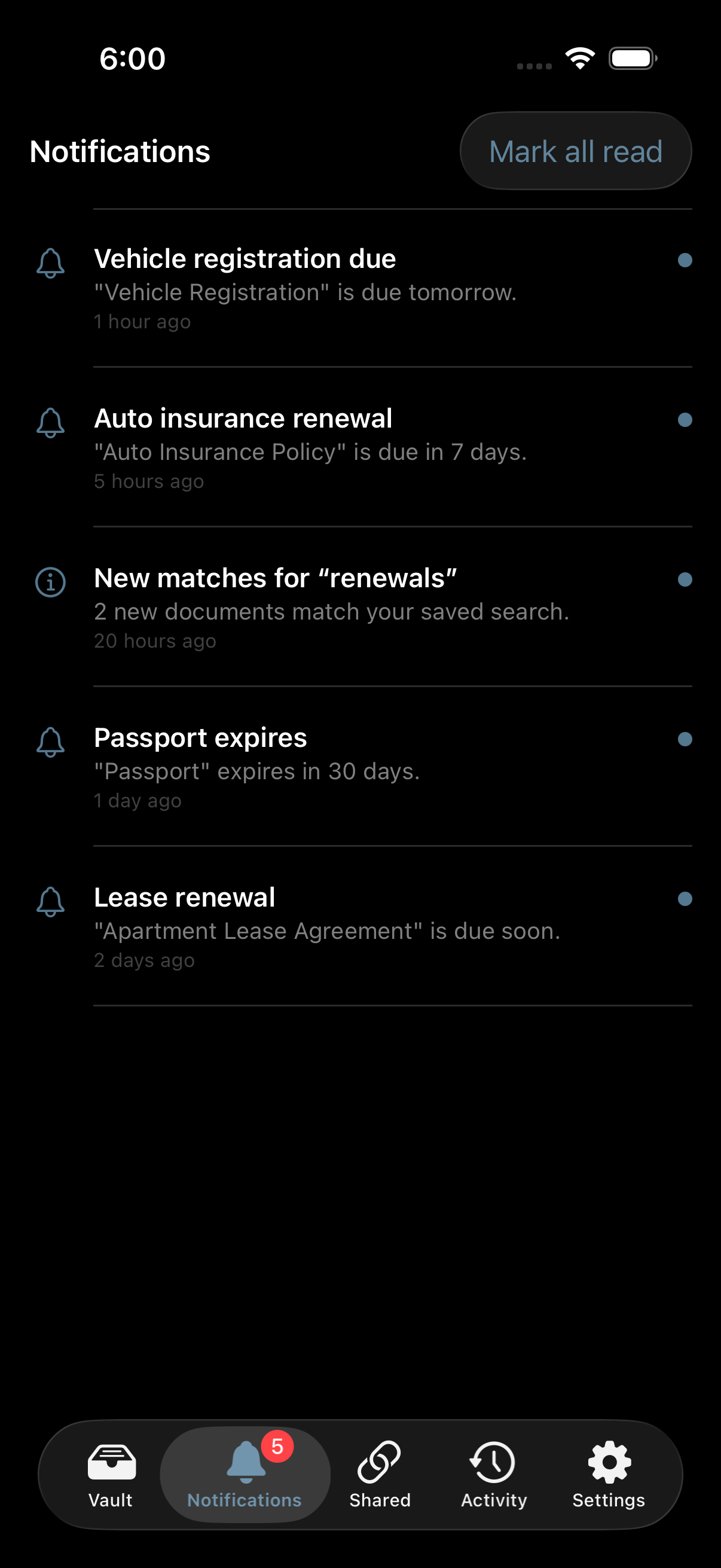 The notification inbox on Stoatify for iPhone