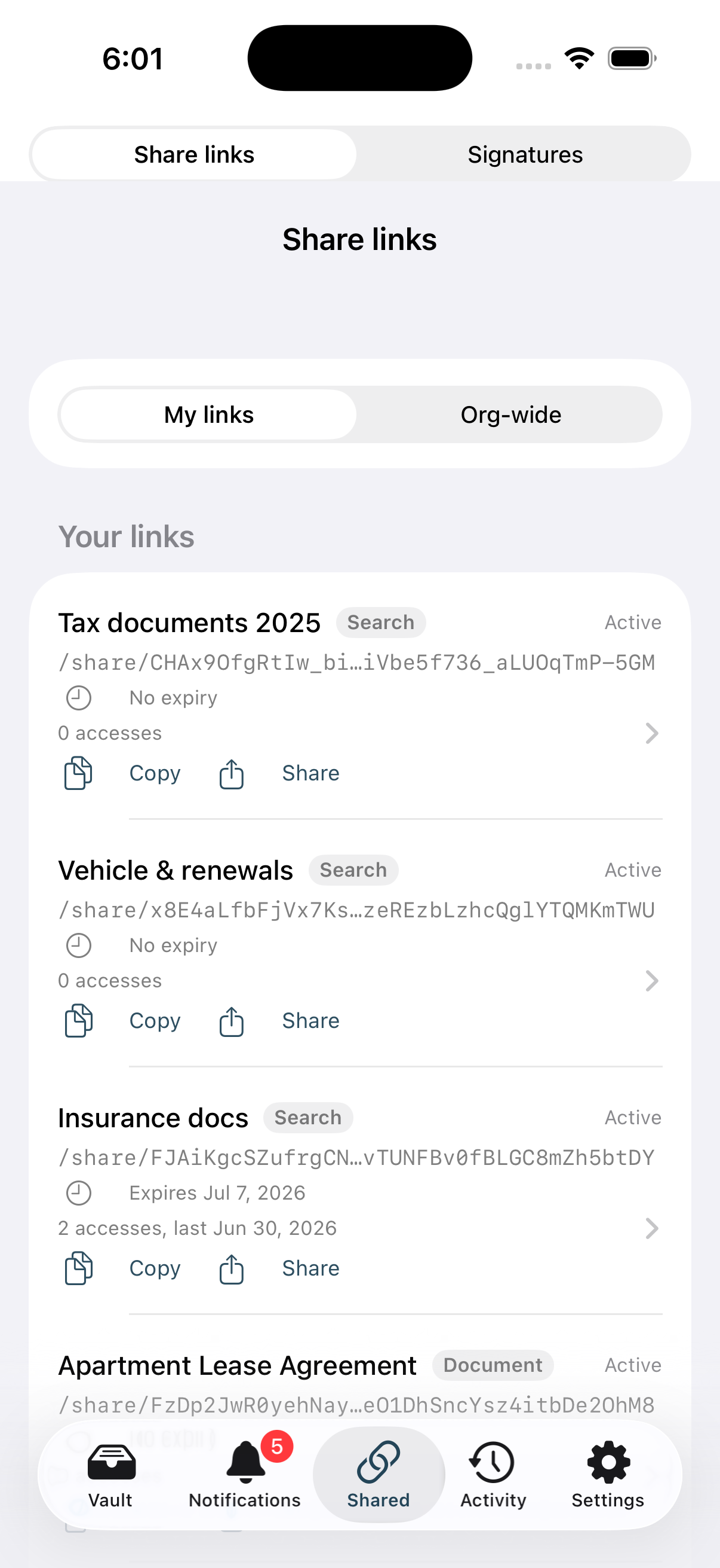 Managing share links on Stoatify for iPhone