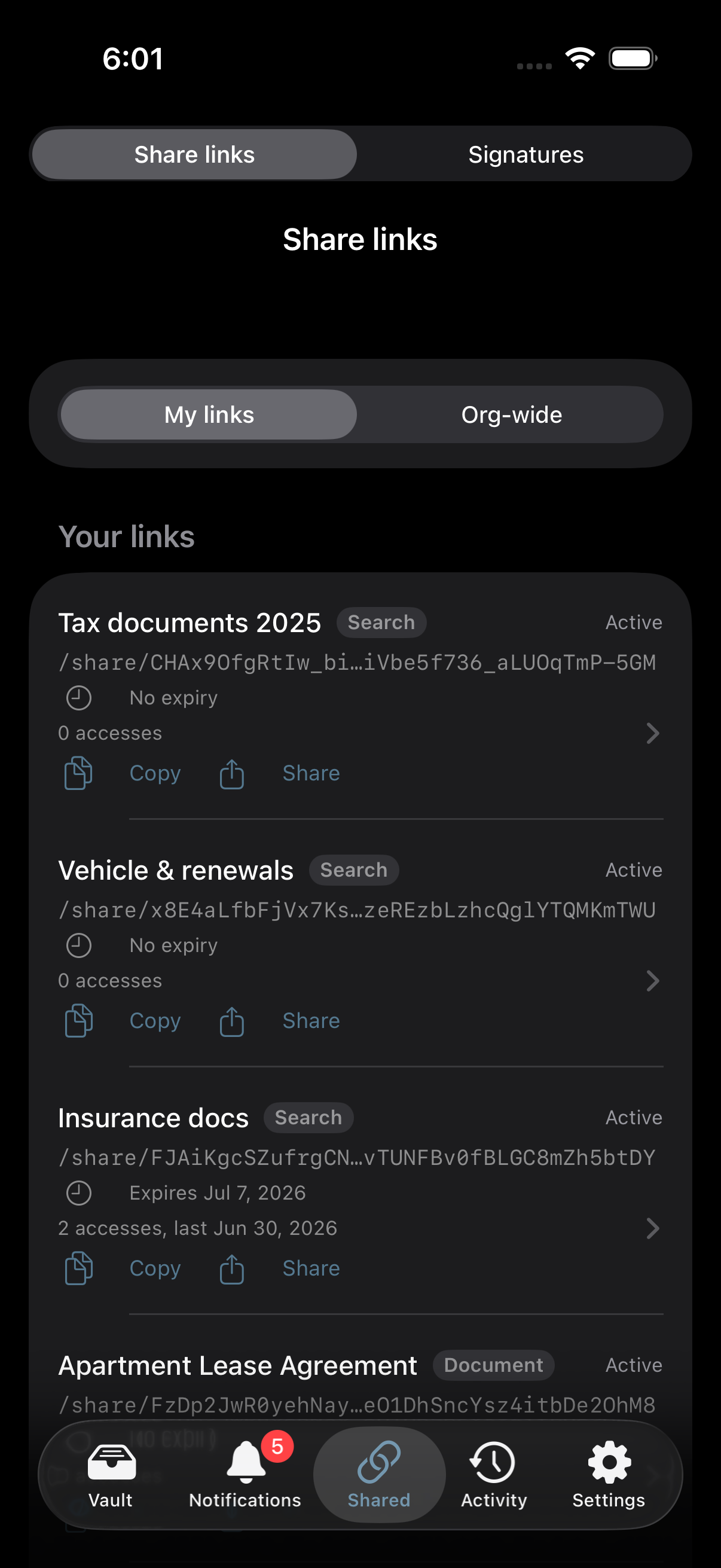 Managing share links on Stoatify for iPhone