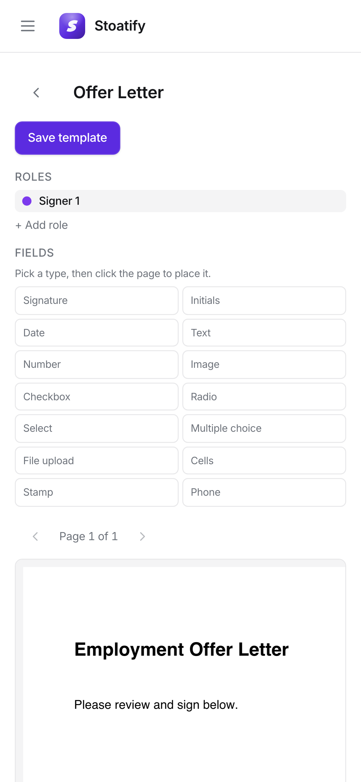E-signature template editor in Stoatify